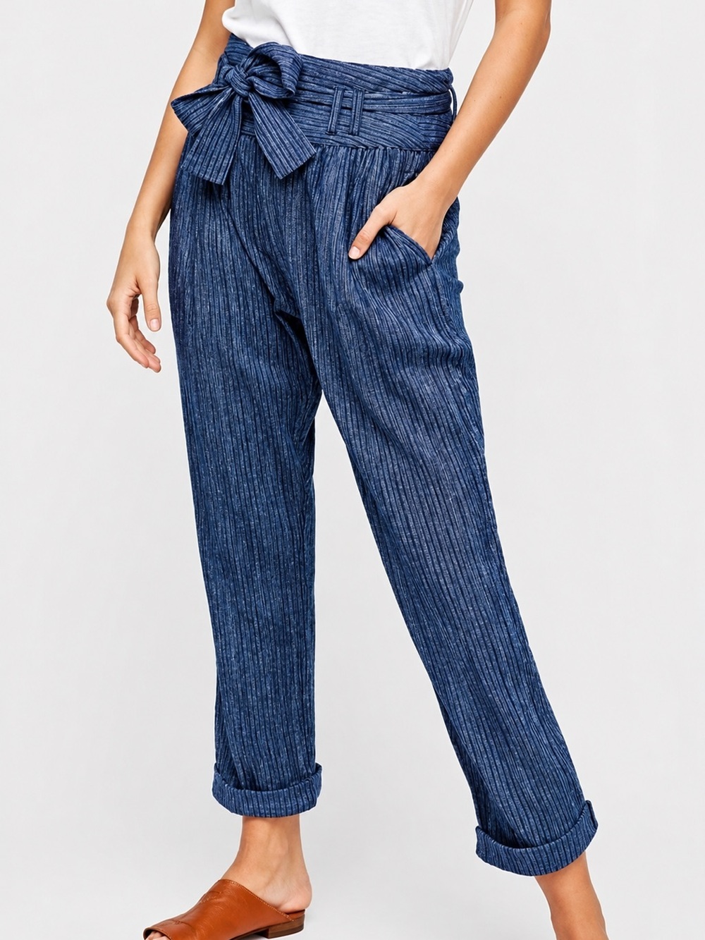 Free People Rumors Yard Dye blue striped paper bag high waisted pants, size 6